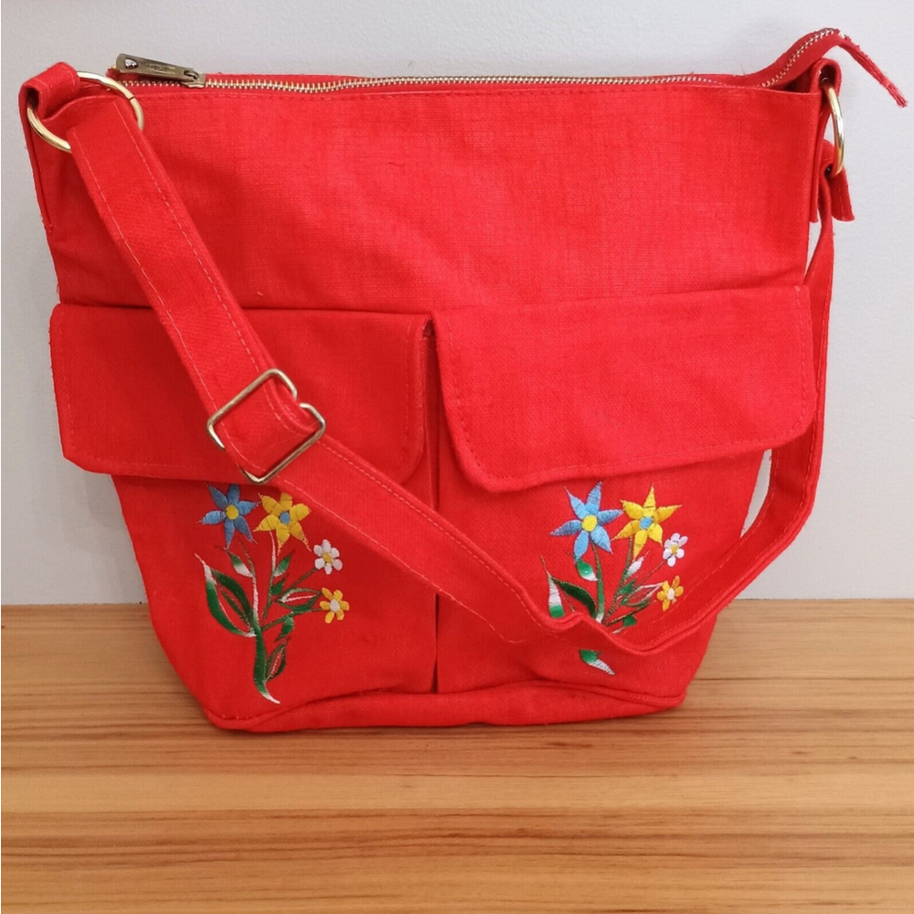 Vintage 80s 90s Red Canvas Crossbody Bag Purse Front Pockets Floral Embroidery